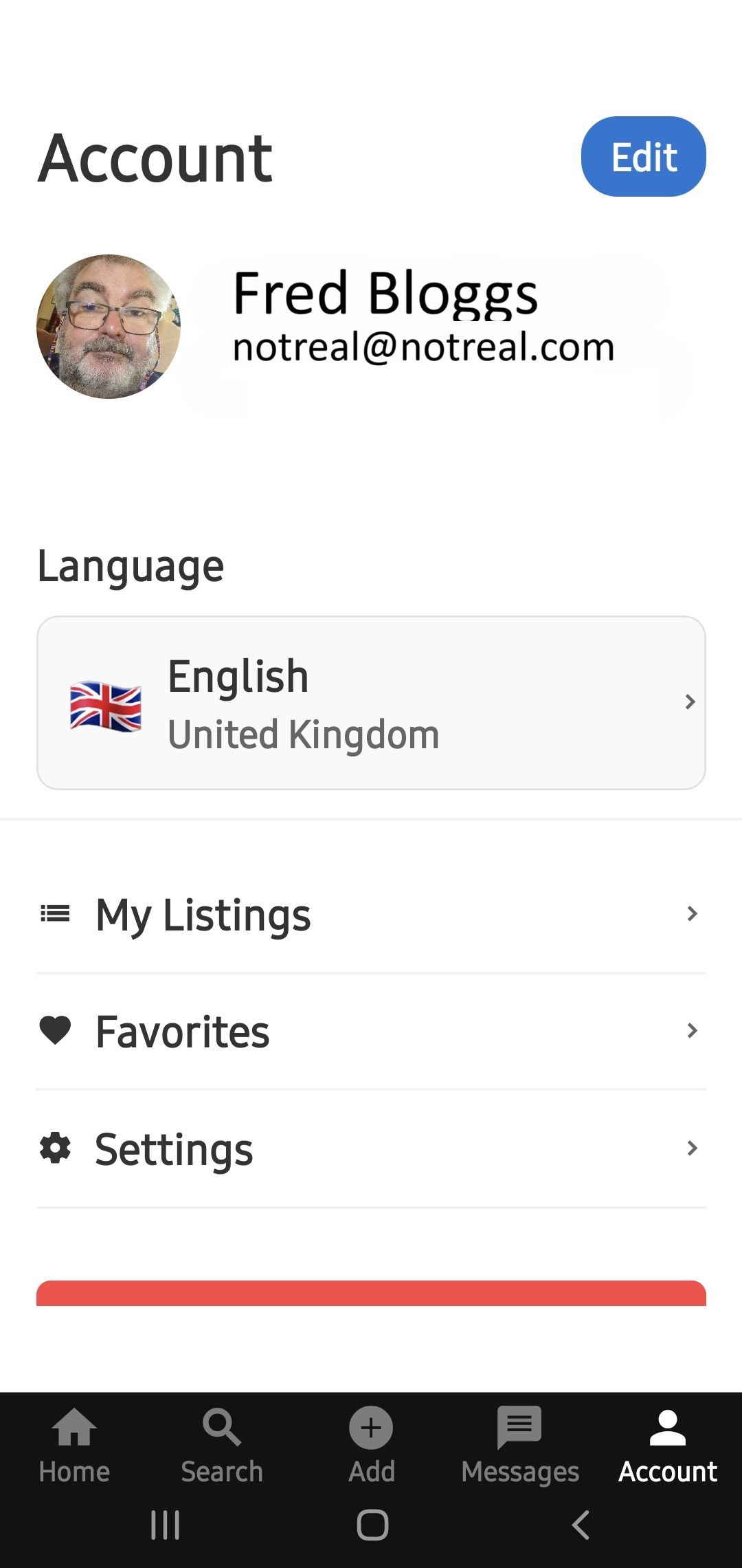 Account settings screen